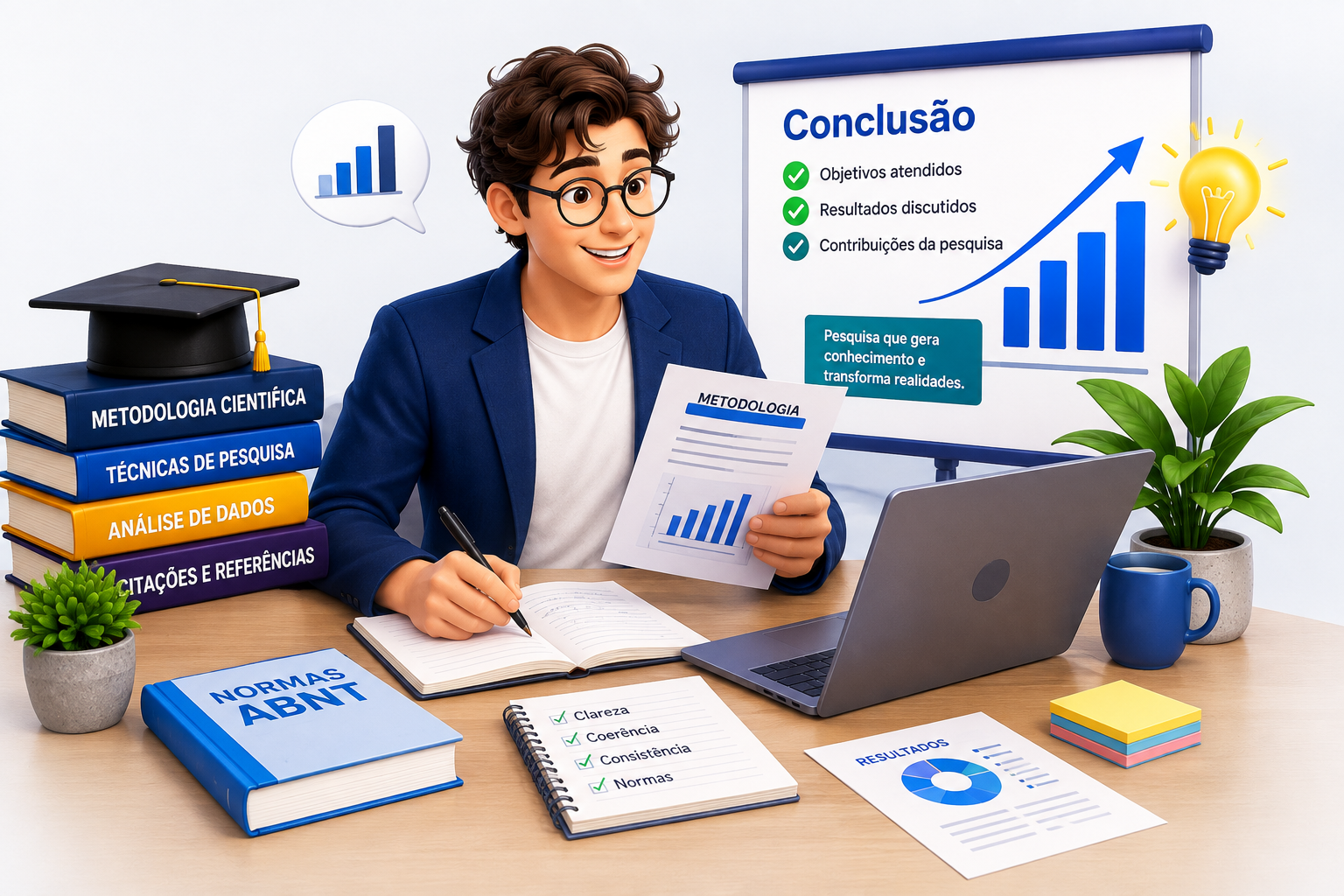 Ilustração representando a redação e apresentação da pesquisa